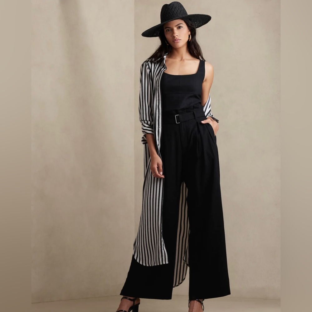 Linen-Blend Paperbag Pants- Black